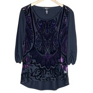 Womens Velvet Burnout Top Womens M Black Purple Sheer Front Whimsigoth Witchy